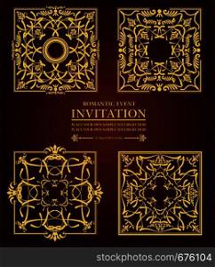 Four gold ornaments on brown background. Can be used as invitation card or cover. Vector illustration