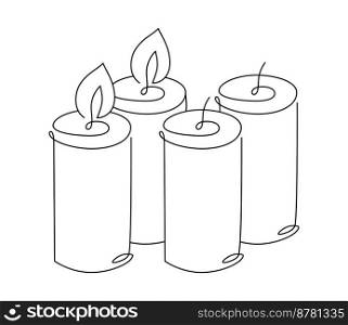 Four hand drawn one line candles vector icon. Two candles are burning. Christmas advent illustration for greeting card, web design isolated holiday invitation on white background.. Four hand drawn one line candles vector icon. Two candles are burning. Christmas advent illustration for greeting card, web design isolated holiday invitation on white background
