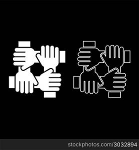 Four hand holding together team work concept icon set white color illustration flat style simple image outline
