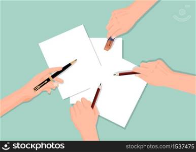 Four hands and paper concept. Development new project hands with pencils and eraser sheets of blank paper group communication achieve flat new vector developments.. Four hands and paper concept. Development new project hands with pencils and eraser sheets.