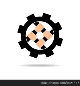 Four hands holding with gear icon business cooperate concept Vector illustration