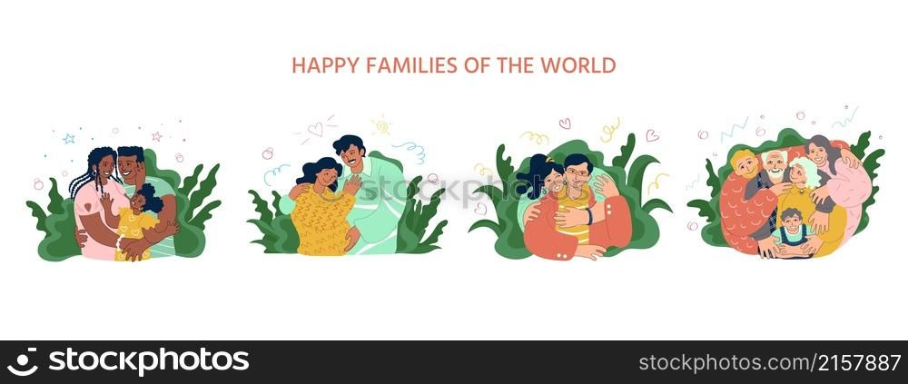 Four happy families hugging. Latin american, african american, european, caucasian, asian. Parenthood, pregnancy, couples, elderly and young people together. Doodle style vector illustration.. Various ethnicity happy families hugging. Latin american, african american, european, caucasian, asian. Loving parents, pregnancy, couple, elderly and young people together. Doodle vector illustration