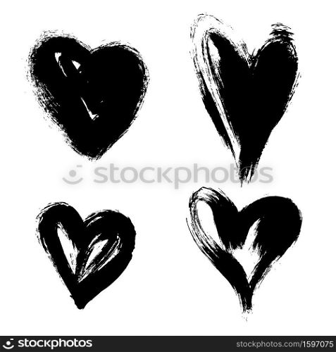 Four hearts love shape brush stroke black vector icon set. One-stroke drawing. Hand drawn grunge style painted isolated design element.. Four hearts love shape brush stroke black vector icon set. Hand drawn grunge style isolated element