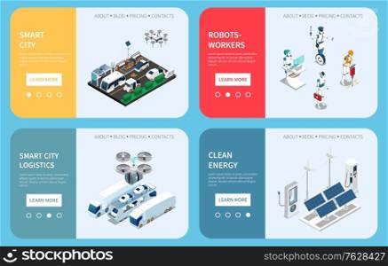 Four horizontal smart city technology isometric banner set with logistics robot workers and clean energy headlines vector illustration