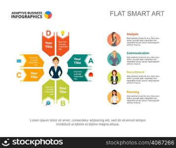 Four ideas process chart template for presentation. Business data visualization. Strategy, workflow, plan, teamwork or marketing creative concept for infographic, report, project layout.