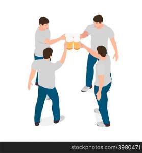 Four identical men clink glasses with beer. Men in isometric projection are located in different layers for editing, vector.