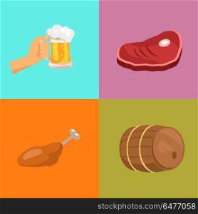Four Images at Octoberfest Vector Illustration. Four images representing oktoberfest vector illustration including hand holding glass of beer, piece of ham, fried chicken, wooden barrel.