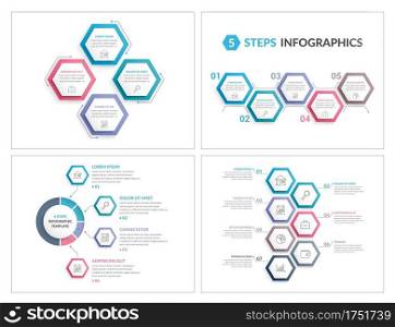 Four infographic templates with hexagons, workflow or process diagrams, vector eps10 illustratopn. Infographic Templates with Hexagons