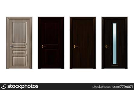 Four isolated and realistic wooden doors design icon set in different styles and colors vector illustration. Wooden Doors Design Icon Set