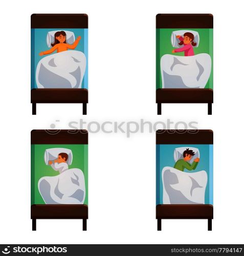 Four isolated decorative images of teenager and children sleeping in single beds vector illustration. Children Sleeping Poses Isolated Set