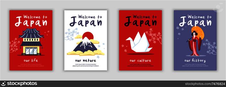 Four isolated posters on theme of japan life history culture nature cartoon vector illustration