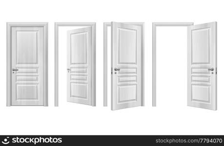 Four isolated wooden doors realistic icon set open and closed in white colors vector illustration. Wooden Doors Realistic Icon Set