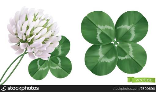 Four leaf clover and clover flower. 3d realistic vector icons