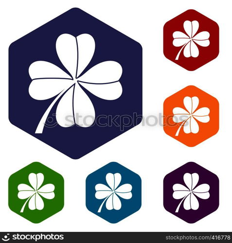 Four leaf clover icons set rhombus in different colors isolated on white background. Four leaf clover icons set