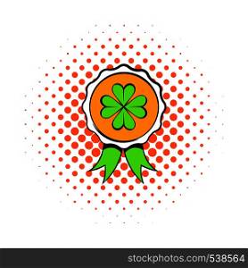 Four leaves clover badge icon in comics style isolated on white background. Four leaves clover badge icon, comics style