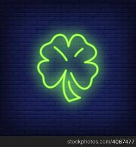 Four leaves clover neon sign design element. Fortune concept for night bright advertisement. Vector illustration in neon style for casino, gaming, gambling, Saint Patricks Day