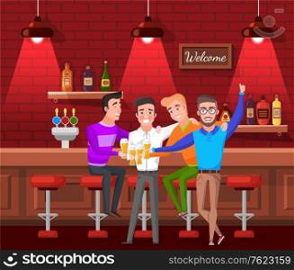 Four male friends sitting in bar together and clinking with beer glasses. Group of young man celebrating and drinking alcohol in red pub. Bachelors party vector. Flat cartoon. Male Friends Sitting in Bar and Drinking Beer
