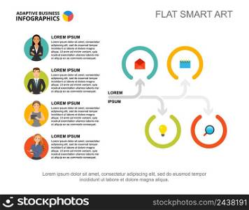 Four marketing ideas process chart template for presentation. Vector illustration. Diagram, graph, infochart. Vision, research, planning or marketing concept for infographic, report.