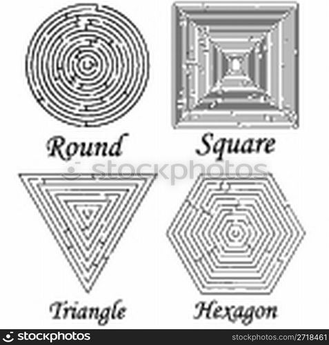 four mazes shapes against white background, abstract vector art illustration