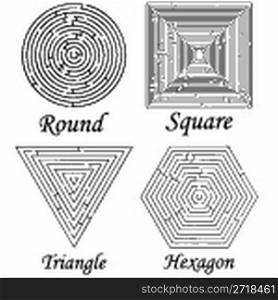 four mazes shapes against white background, abstract vector art illustration