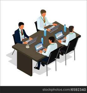 Four office employees sit at one square table, on which there are three bottles of water and cup of coffee, and work at laptops isolated on white background. Vector illustration of teamwork process.. Office Employees Work at Laptops Illustration