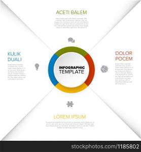 Four options diagram template with color circle in the middle - multipurpose universal infographic template. Vector Infographic timeline template