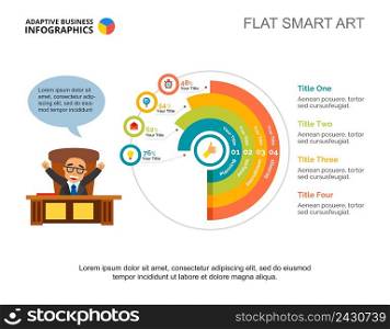 Four options doughnut chart. Business data. Percentage, progress, design. Creative concept for infographic, templates, presentation. Can be used for topics like analysis, statistics, research.