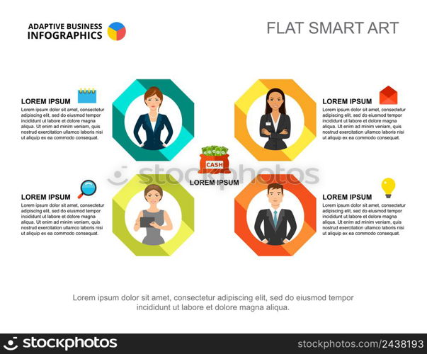 Four options financial process chart template for presentation. Business data visualization. Company, planning, banking or finance creative concept for infographic, report, project layout.