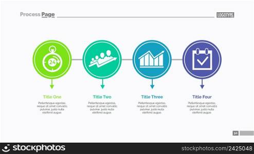 Four options process chart slide template. Business data. Step, diagram, design. Creative concept for infographic, presentation. Can be used for topics like management, strategy, training.