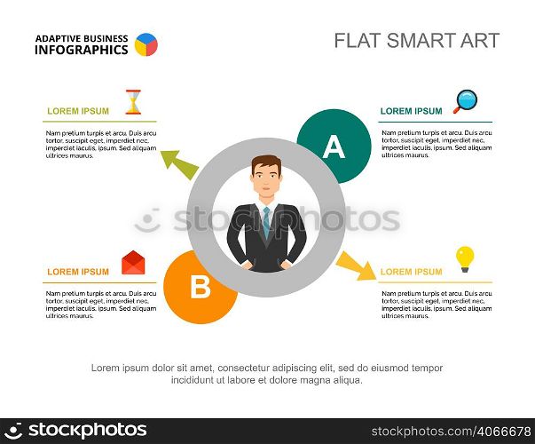 Four options process chart template for presentation. Business data. Abstract elements of diagram, graphic. Entrepreneurship, finance or training creative concept for infographic, project layout.