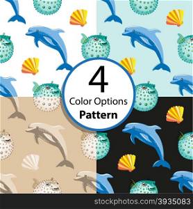 Four options seamless pattern with tropical dolphin and fish ball coral. Vector illustration