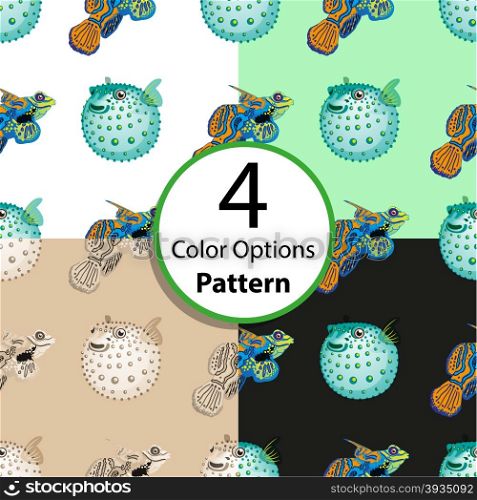 Four options seamless pattern with tropical fish and fish ball. Vector illustration
