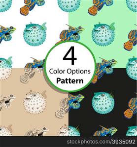 Four options seamless pattern with tropical fish and fish ball. Vector illustration