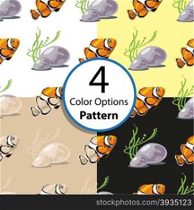 Four options seamless pattern with tropical fish stones and seaweed at the bottom of the sea. Vector illustration