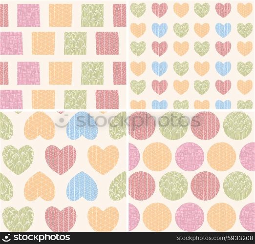Four patterns with ornamental line drawings, hearts, squares and circles, vector illustration