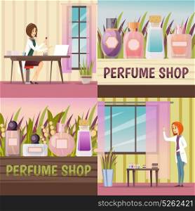 Four Perfume Shop Icon Set. Four square perfume shop icon set with themes about creating a new fragrance and already created perfume vector illustration