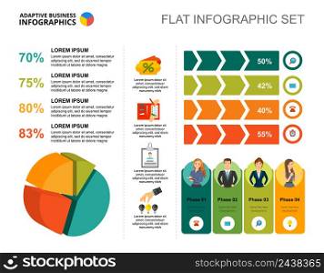 Four phases pie and percentage charts template for presentation. Vector illustration. Diagram, graph, infochart. Vision, management, planning or marketing concept for infographic, report.