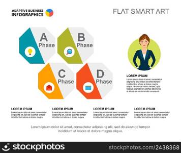 Four phases process chart template for presentation. Business data visualization. Plan, strategy, management or marketing creative concept for infographic, report, project layout.