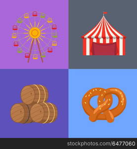 Four Picture Set Beerfest Vector Illustration. Four picture set representing beerfest oktoberfest vector illustration demonstrating attractions, tent, barrels and german bakery.