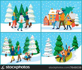 Four pictures of families that spend time actively together outdoor. Mother, father and their children making snowman or preparing for christmas, tubing or sledding. Vector illustration in flat style. Families Spend Time Actively, Wintertime Holidays