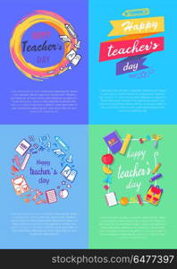 Four Pictures Teachers Day Vector Illustration. Four pics teachers day celebration theme, circles and titles inside, ribbons and text sample vector illustration on blue and green backgrounds