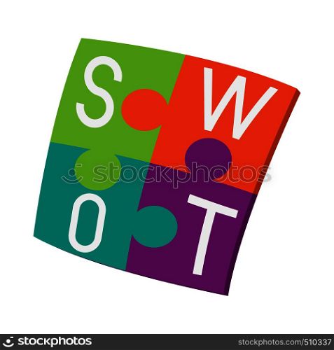 Four pieces colorful SWOT puzzle icon in cartoon style on a white background . Four pieces colorful SWOT puzzle icon