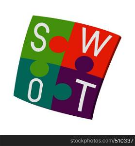 Four pieces colorful SWOT puzzle icon in cartoon style on a white background . Four pieces colorful SWOT puzzle icon