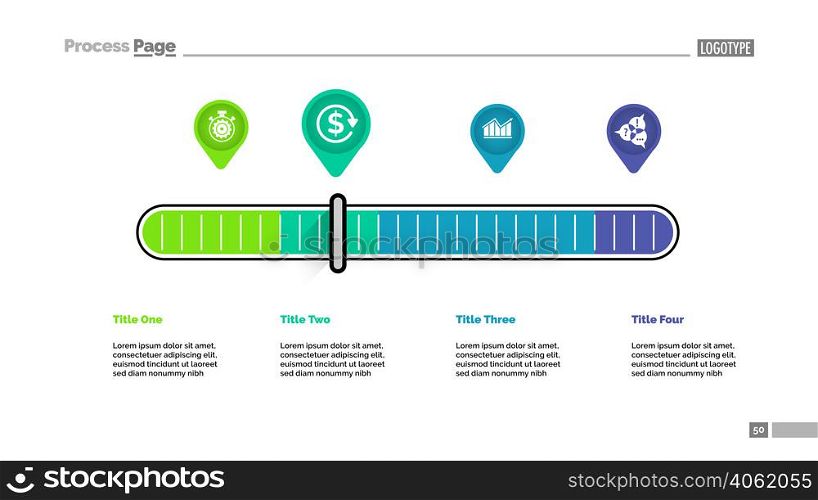 Four pointers scale metaphor process chart template for presentation. Vector illustration. Elements of diagram, graph. Startup, plan, finance, business or banking concept for infographic, report.