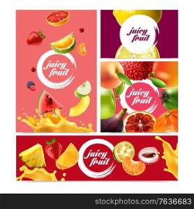 Four realistic fruits banner set round logo with the title in the center vector illustration