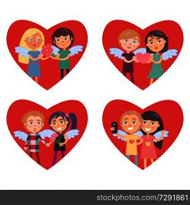 Four red hearts with happy lovers in them give flowers, hold small hearts, make photo, valentine cards, vector illustration isolated on white backdrop. Four Hearts with Lovers in Them Valentine Cards