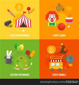 Four retro travel circus funny clown entertainment performance with exotic animals icons composition concept flat vector illustration