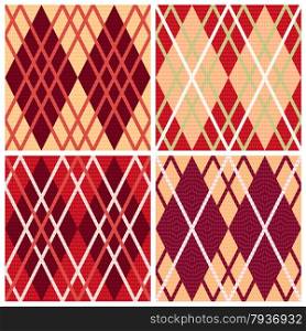 Four rhombic seamless vector patterns in red hues collected in one file, patterns in same as a Celtic tartan plaid