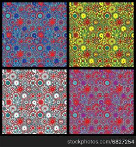 Four seamless floral colorful motley same backgrounds with flower fill of various color triads, vector illustrations as a fabric texture
