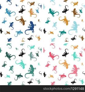 Four seamless patterns with lizards. Many gecko different sized and pastel colors. Gentle and soft vector illustration on white background.. Four pastel seamless patterns with lizards